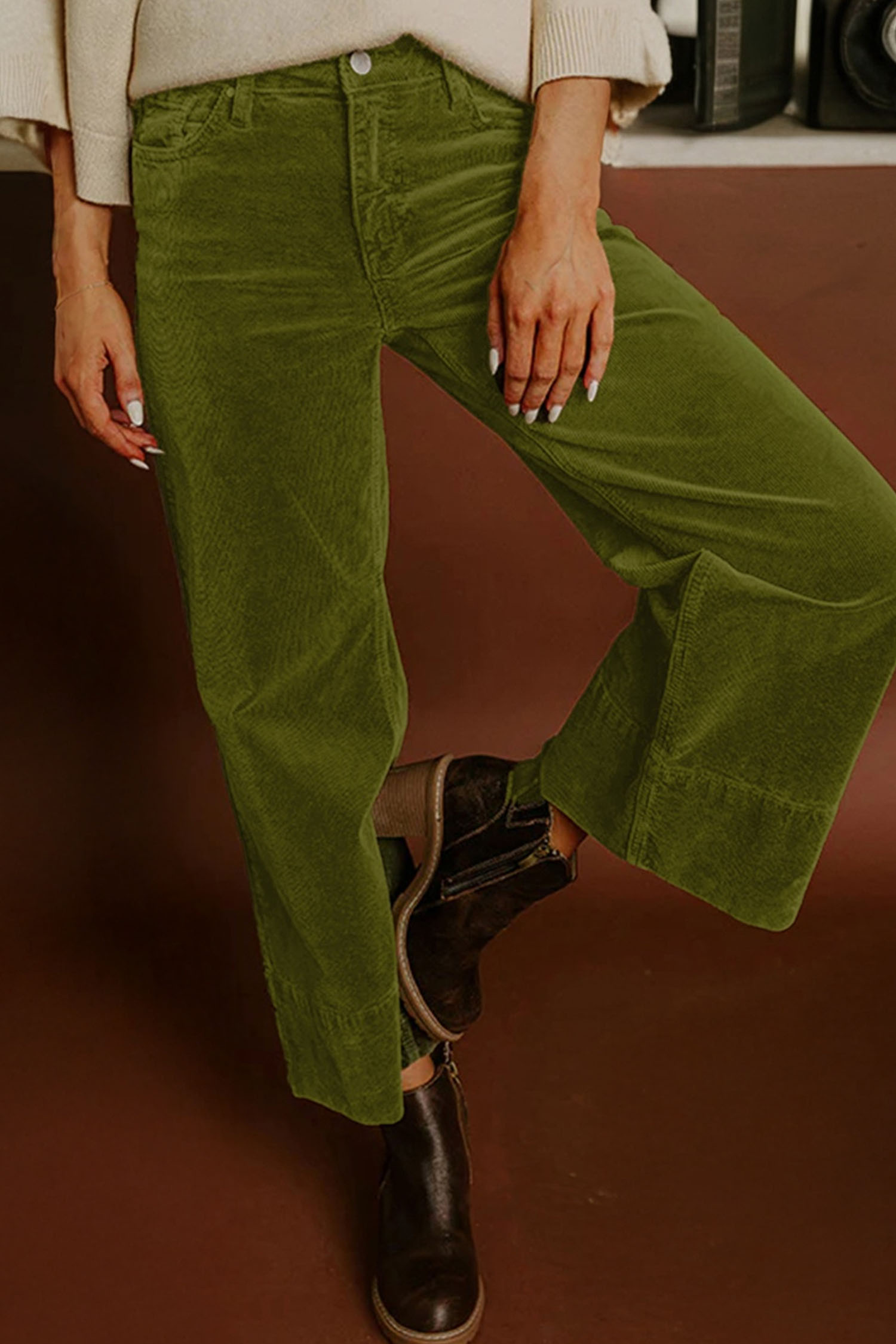 Vineyard Green Corduroy Solid Color High Waist Wide Leg Pants - loveforevers