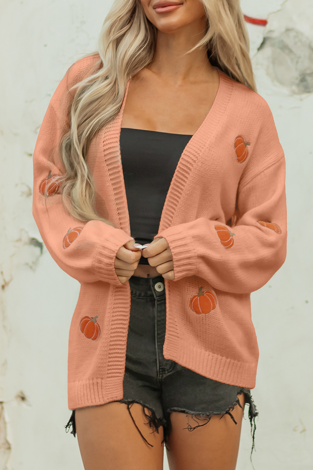 Light Pink Christmas Tree Print Open Front Drop Shoulder Midi Cardigan - loveforevers