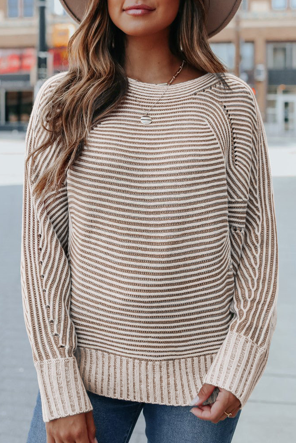 Coffee Striped Print Ribbed Knit Boat Neck Baggy Sweater - loveforevers