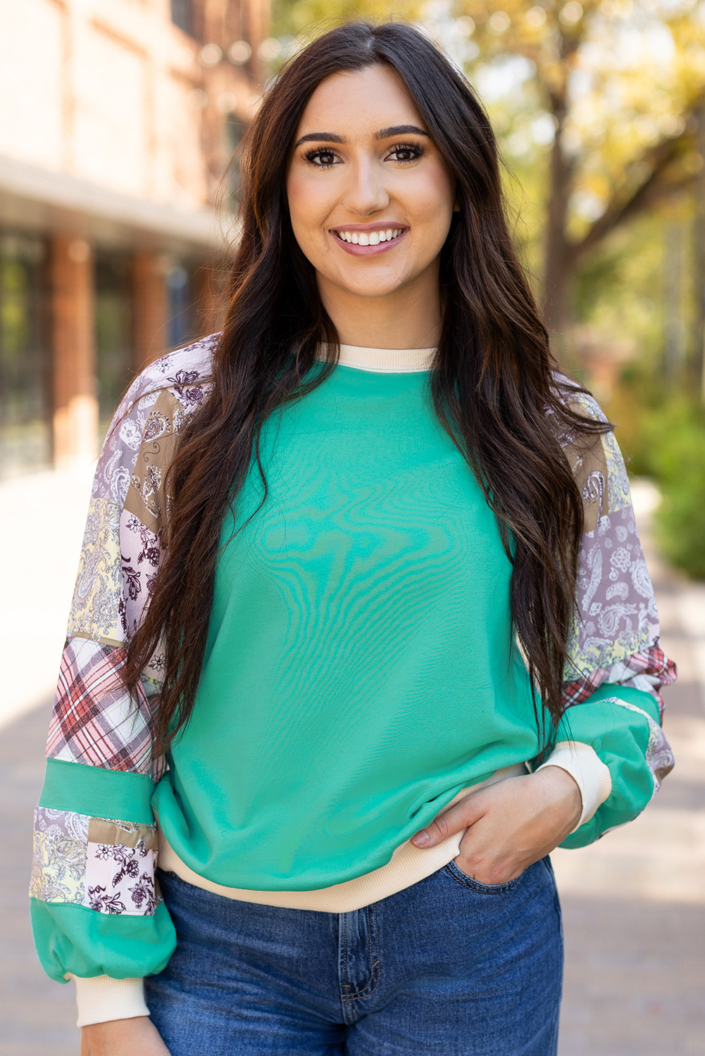 Aruba Blue Plaid Vintage Paisley Patchwork Long Sleeve Raglan Top - loveforevers