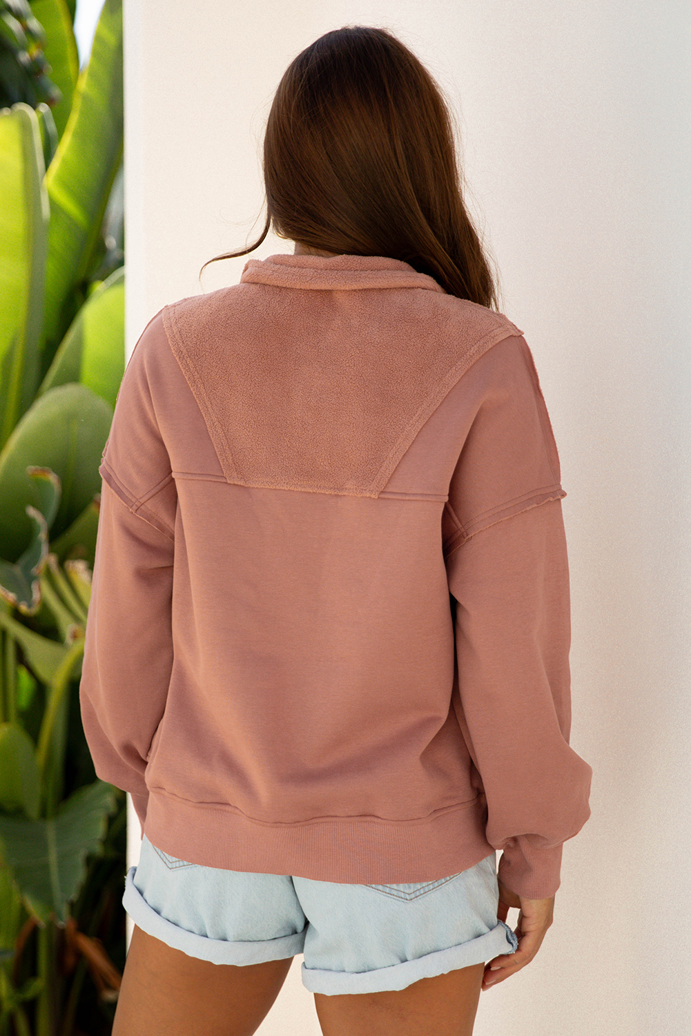 Camel Exposed Seam Side Pockets Half Zipper Baggy Sweatshirt - loveforevers