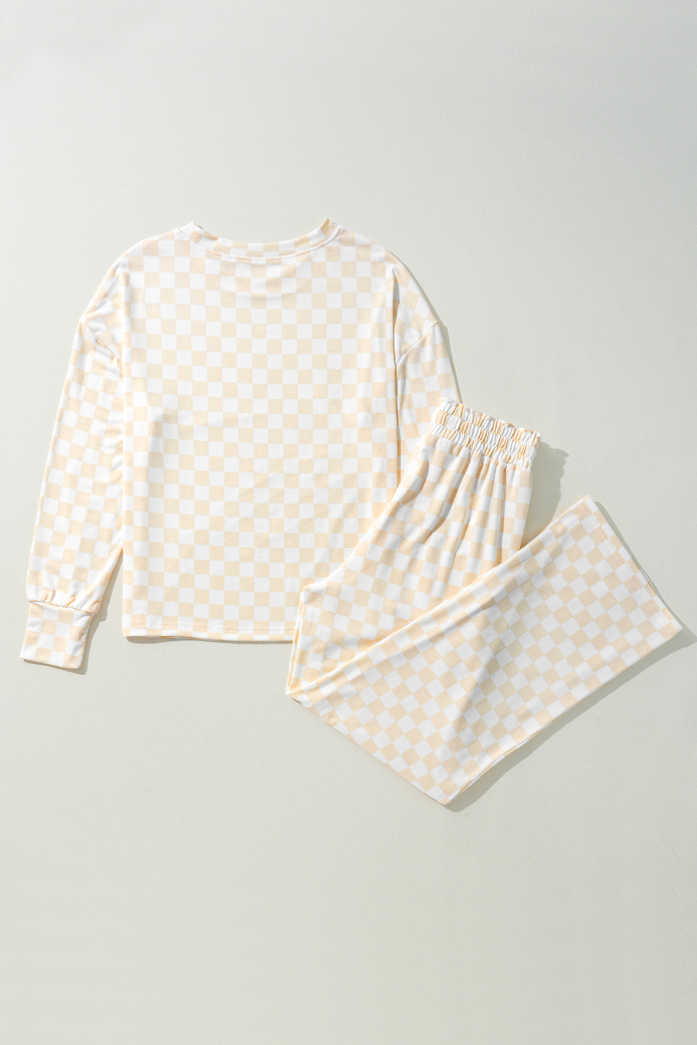 Beige Checkered Print Long Sleeve Top and Pants Lounge Set - loveforevers