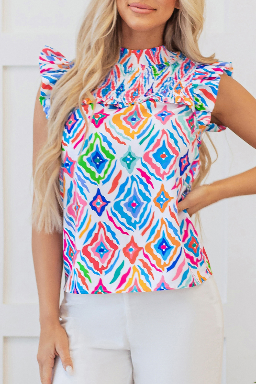 Light Blue Geometric Printed Flutter Sleeve Mock Neck Shirred Blouse - loveforevers