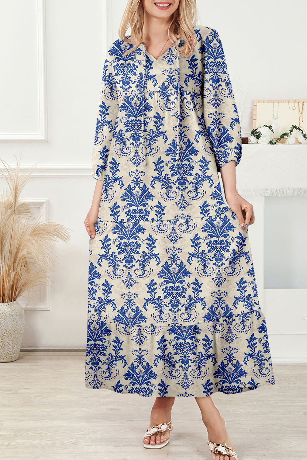 Sky Blue Boho Printed Half Sleeve Maxi Dress - loveforevers