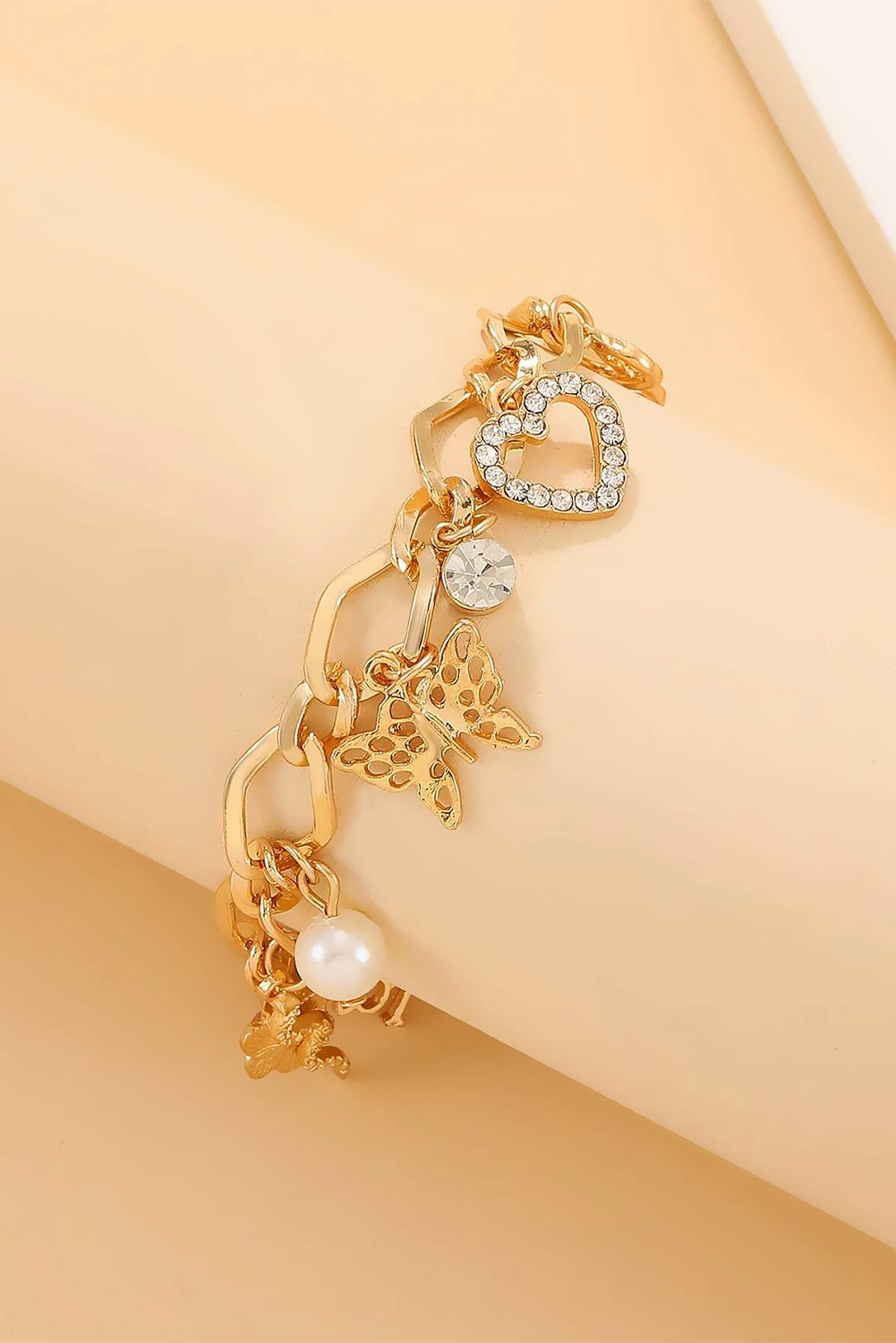 Gold Heart Butterfly Pearl Charm Plated Alloy Bracelet - loveforevers