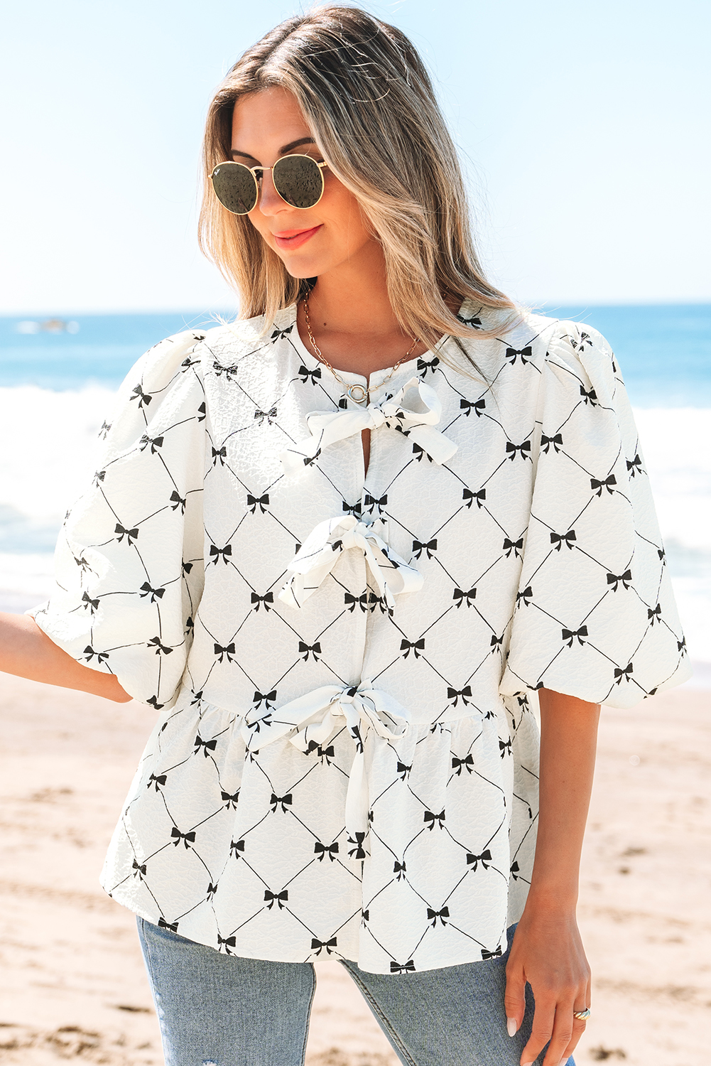 White Bowknot Print Front Knots Bubble Sleeve Blouse - loveforevers