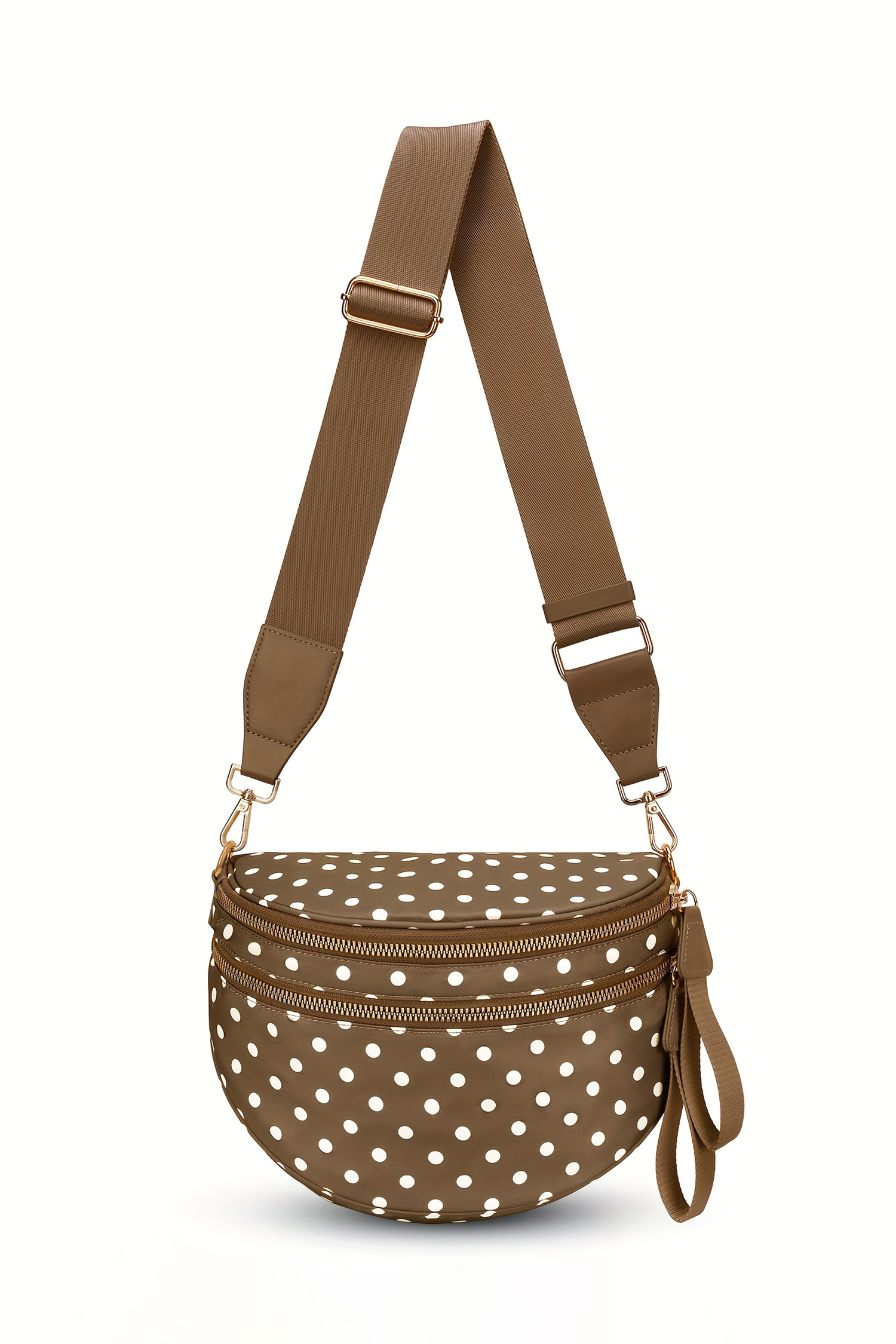Camel Polka Dot Print Gold Chain Strap Double Zipper Crossbody Bag - loveforevers