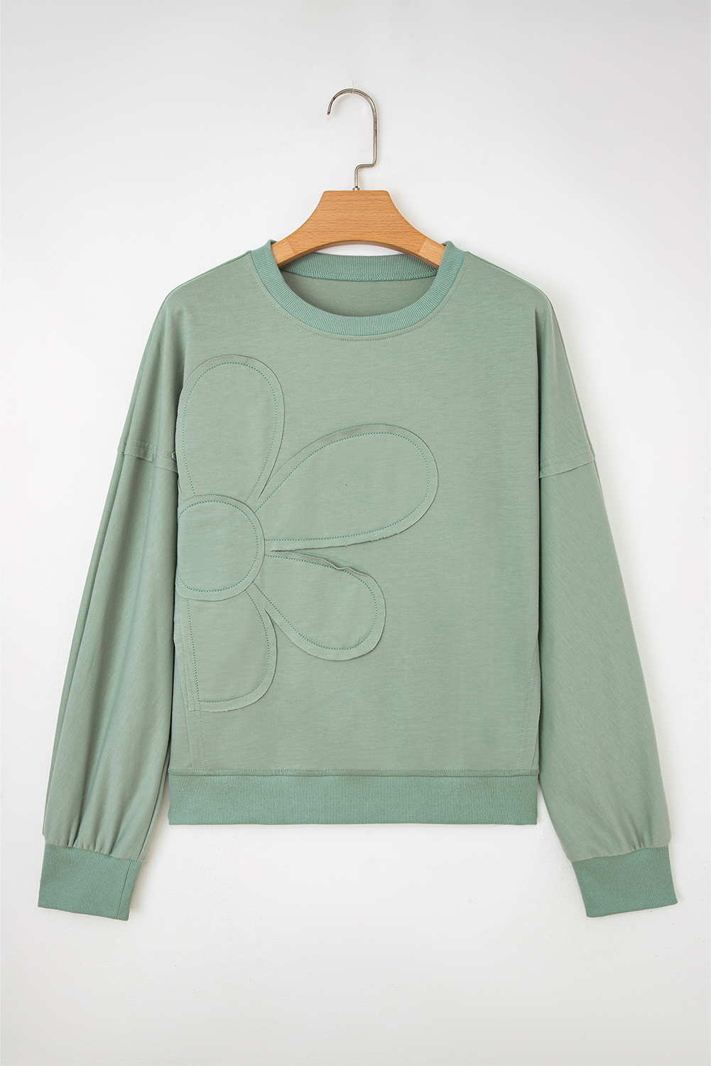 Beige Raw Edge Flower Patch Drop Shoulder Casual Top - loveforevers