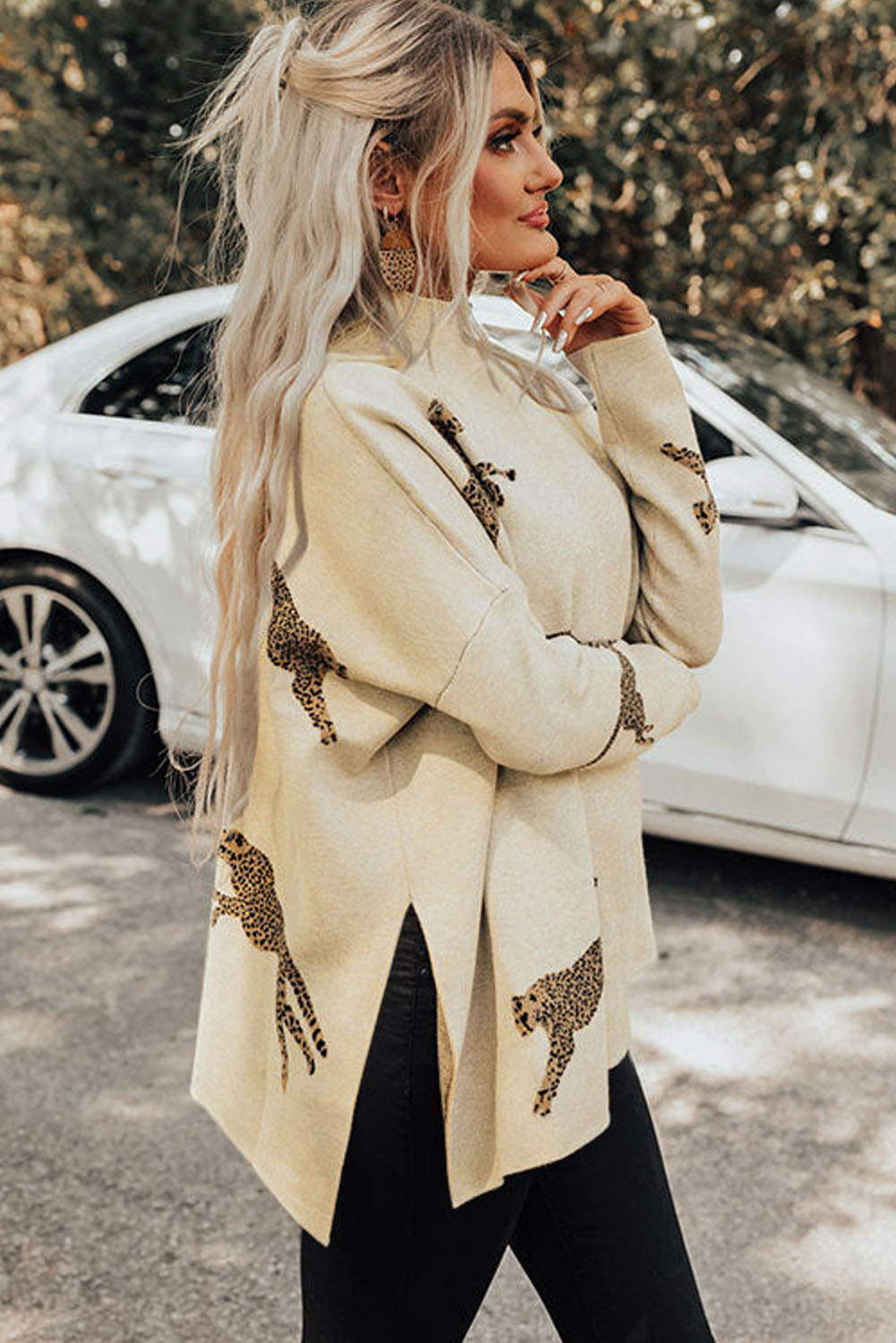 Parchment Lively Cheetah Print High Neck Split Hem Sweater - loveforevers