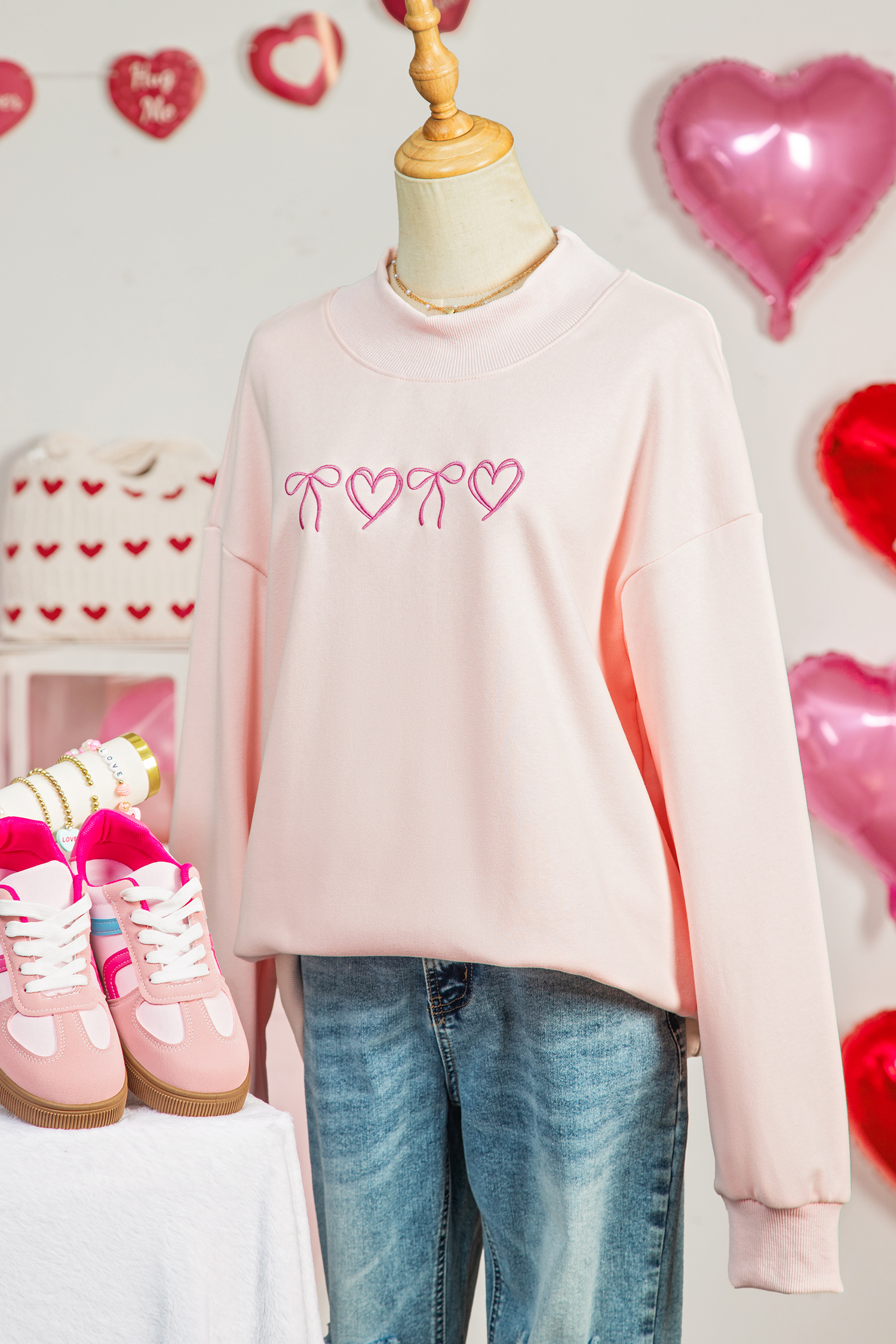 Apricot Pink Valentines Bow Heart Embroidered Mock Neck Sweatshirt - loveforevers