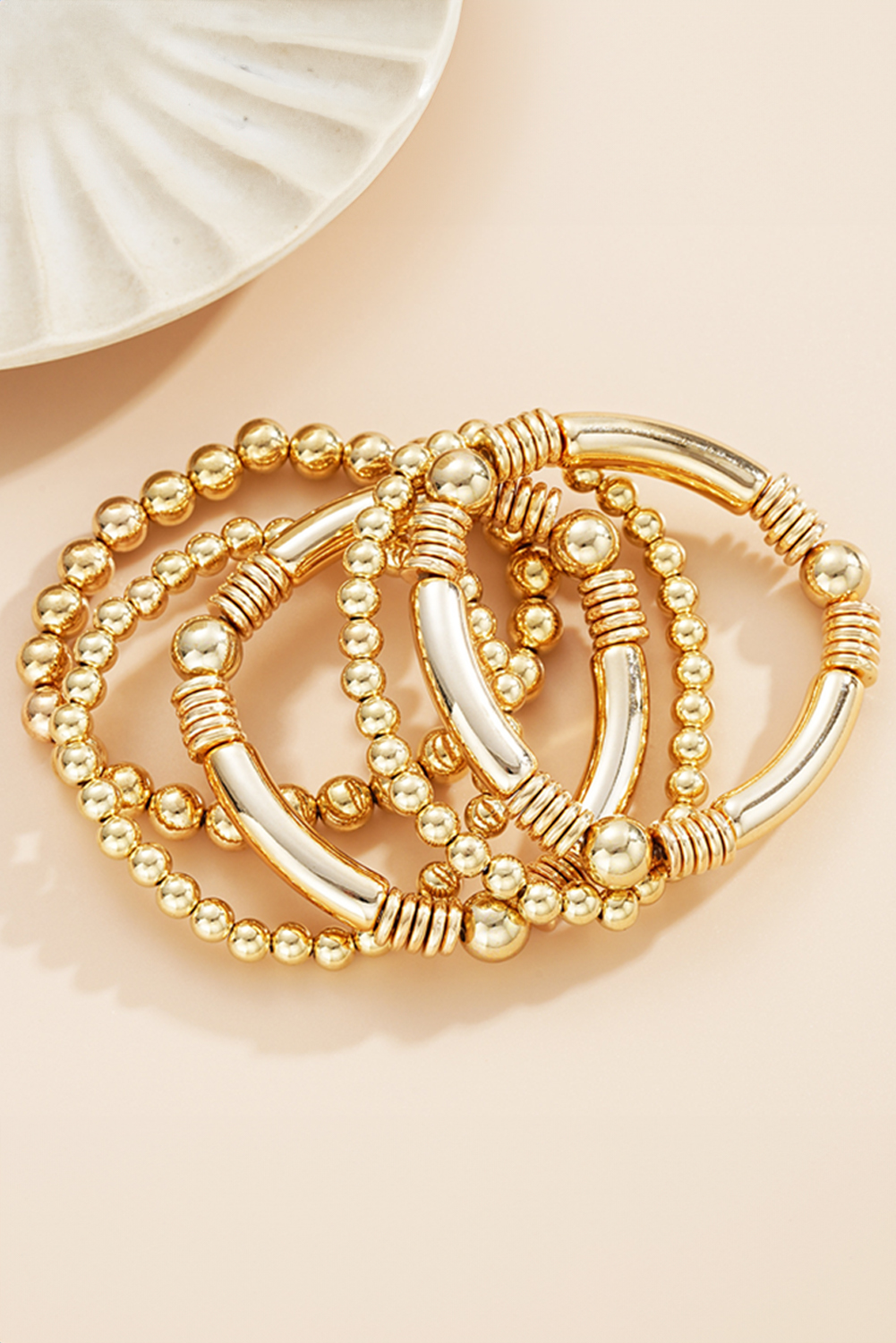 Gold Layered Plated Alloy Beaded Elastic Bracelet Set - loveforevers