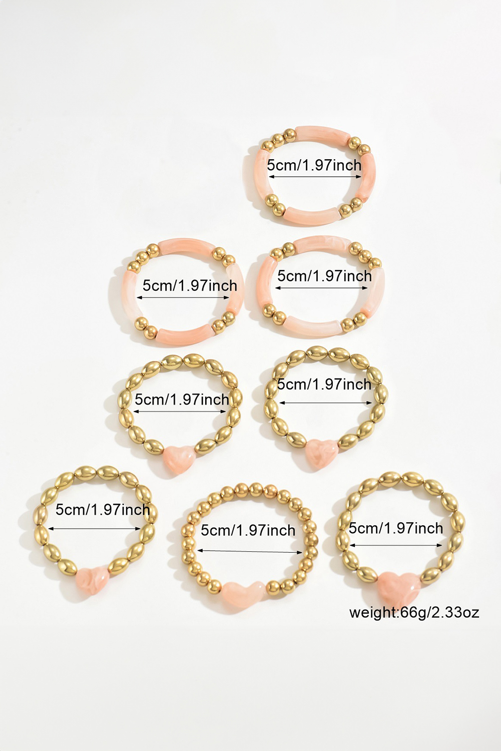 Gold Plated Bead Acrylic Detail 3D Heart Accent 8pcs Bracelet Set - loveforevers