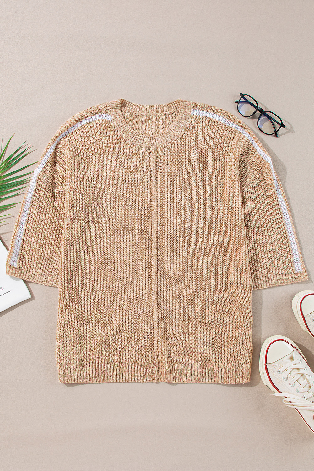 Light French Beige Contrast Striped 3/4 Sleeve Crew Neck Sweater - loveforevers