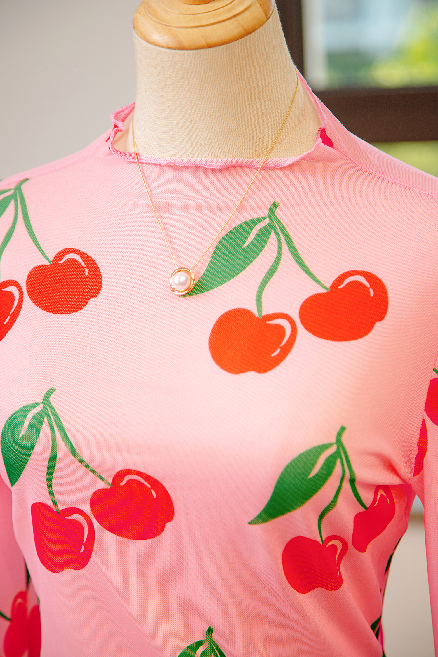 Pink Cherry Print Lettuce Trim Long Sleeve Mesh Top - loveforevers