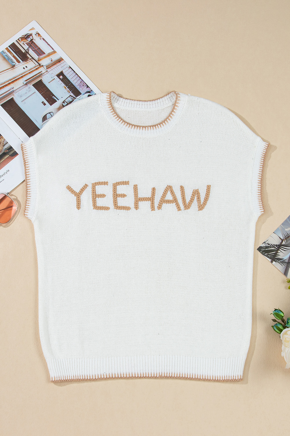 White Knitted YEEHAW Stitch Edge Crew Neck Sweater T Shirt - loveforevers