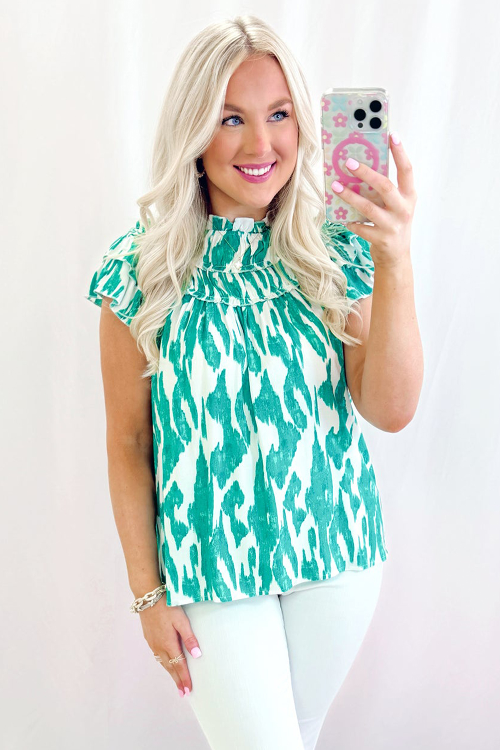 Sky Blue Abstract Print Frilled Crewneck Loose Fit Blouse - loveforevers