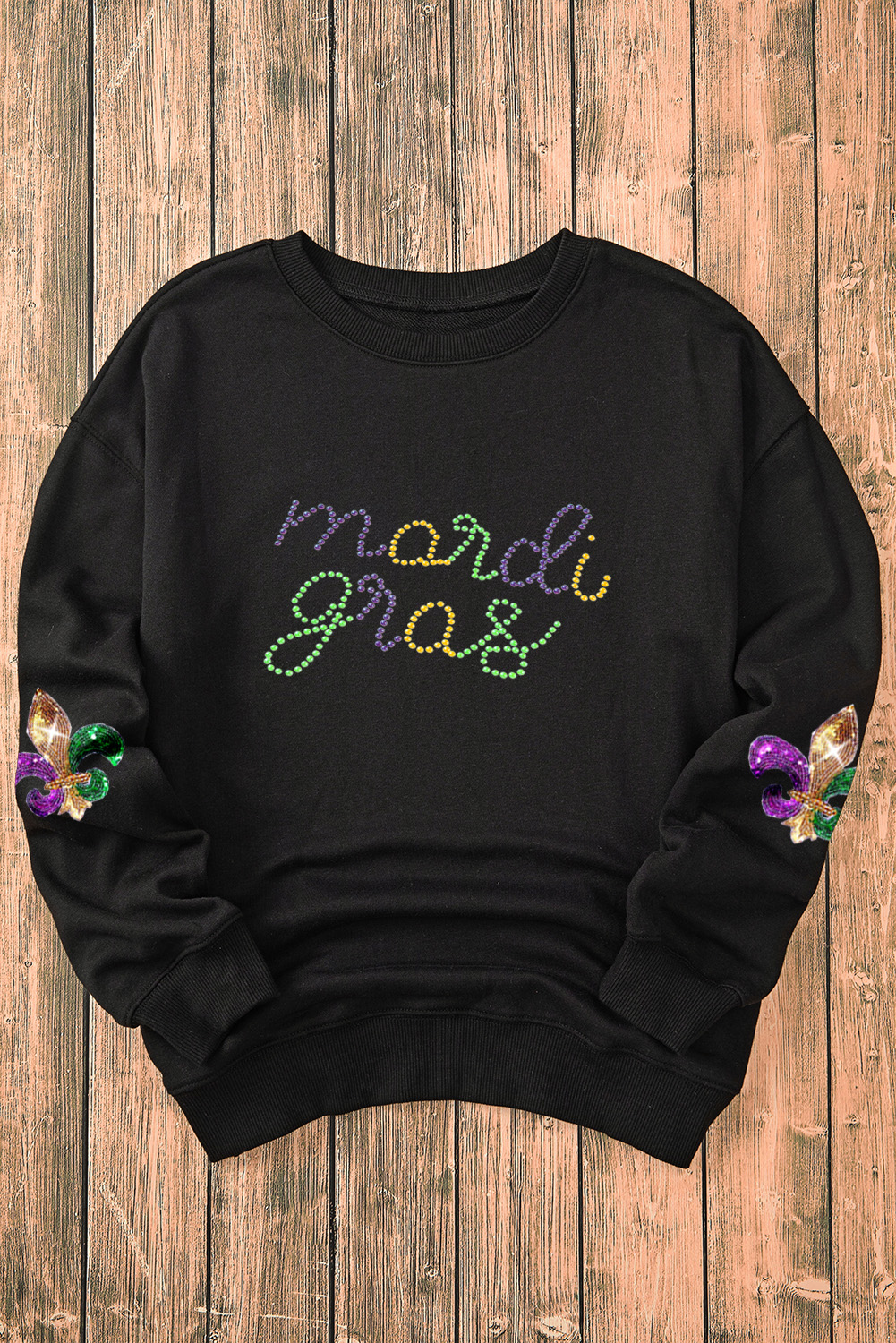 Black Ceramic Rhinestone mardi gras Letter Graphic Sweatshirt - loveforevers
