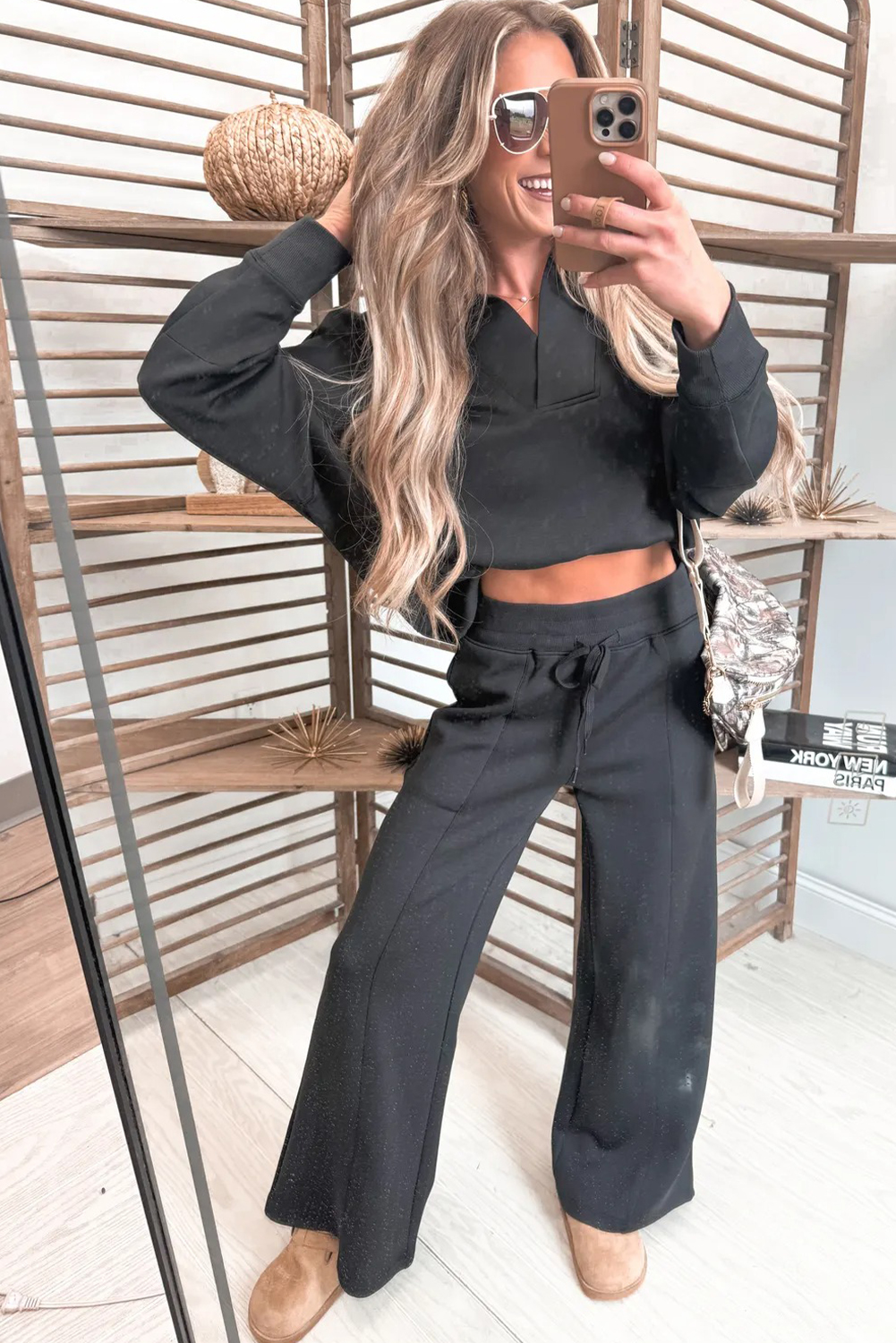 Bristol Black Collared V Neck Pullover Sweatshirt Sweatpants Set - loveforevers