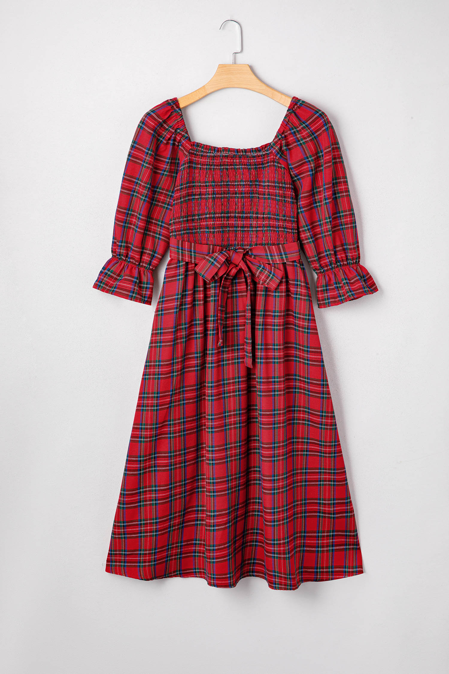 Red Tartan Plaid Square Neck Puff Sleeve Knot Waist Flared Midi Dress - loveforevers
