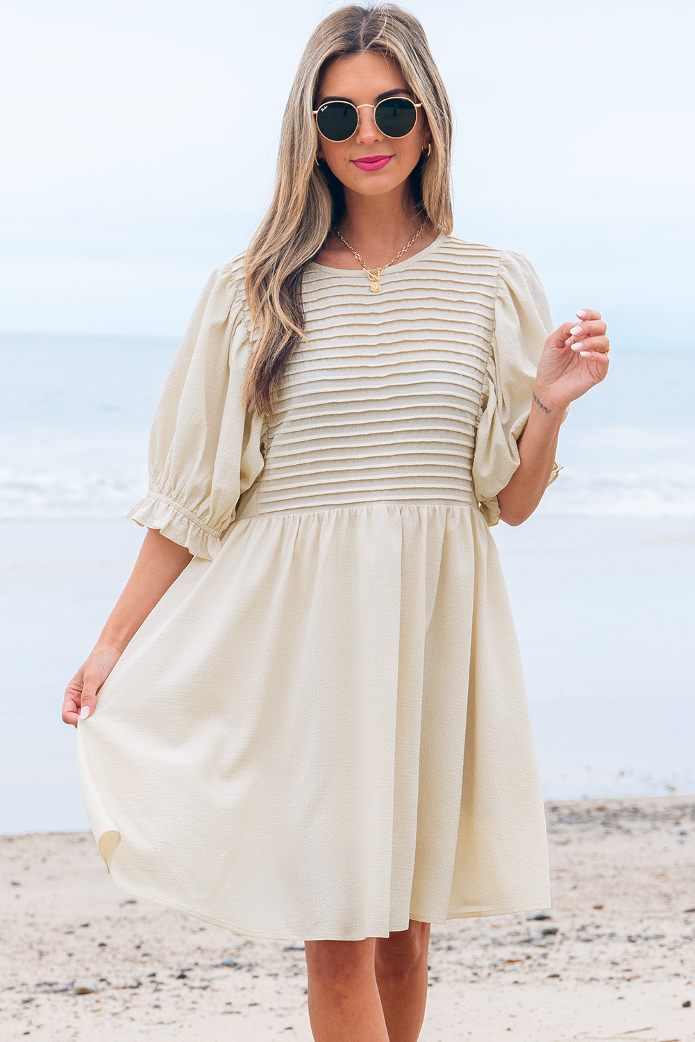 White Textured Ruffled Puff Sleeve Loose Dress - loveforevers