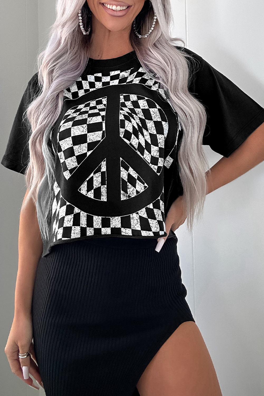 Black Checkerboard Peace Sign Printed Round Neck T Shirt - loveforevers