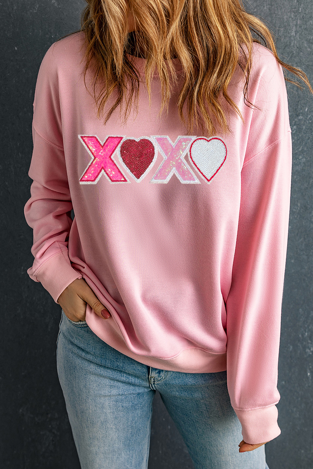 Pink Sequin Heart XOXO Graphic Drop Shoulder Valentines Sweatshirt - loveforevers