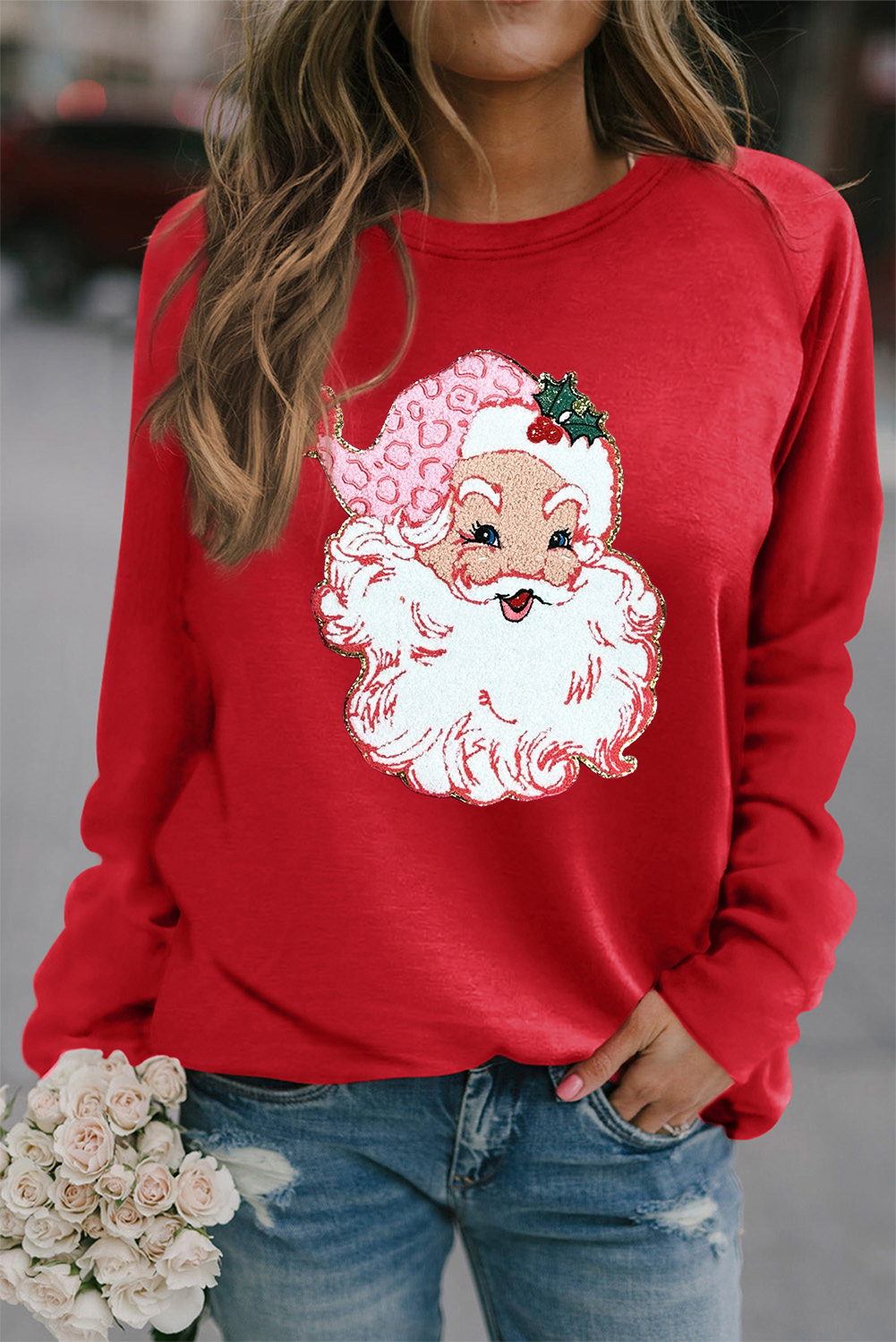 Red Santa Claus Graphic Crewneck Raglan Sleeve Christmas Sweatshirt - loveforevers