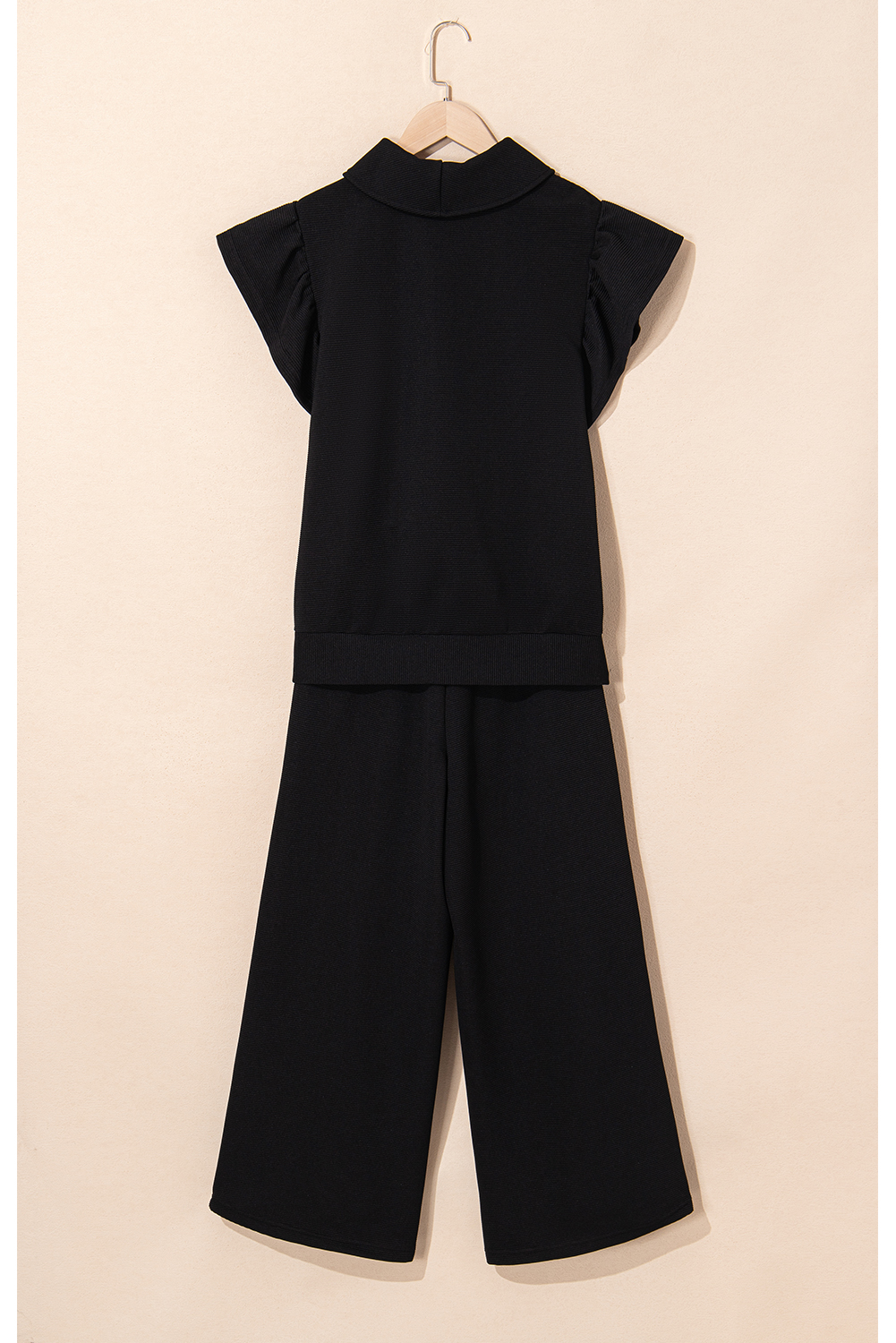 Black Textured Ruffled Sleeve Zipped Top and Wide Leg Pants Set - loveforevers