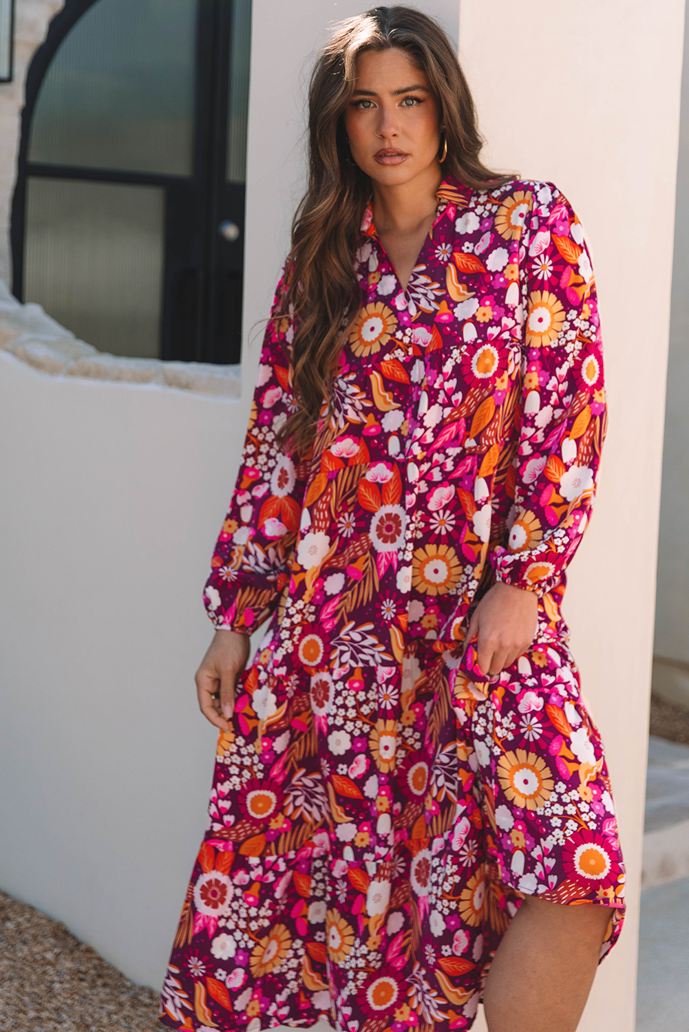 Purple Collared Tiered Flowy Long Dress - loveforevers