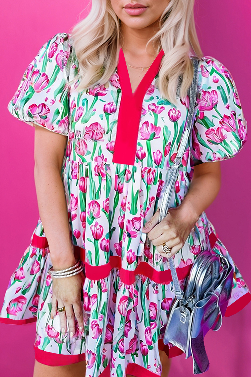 Pink Floral Print Contrast Trim V Neck Bubble Short Sleeve Babydoll Dress - loveforevers
