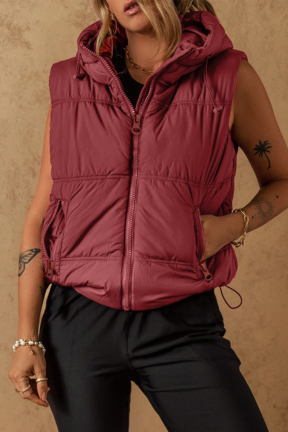 Clay Zip-up Side Pockets Hooded Puffer Vest - loveforevers