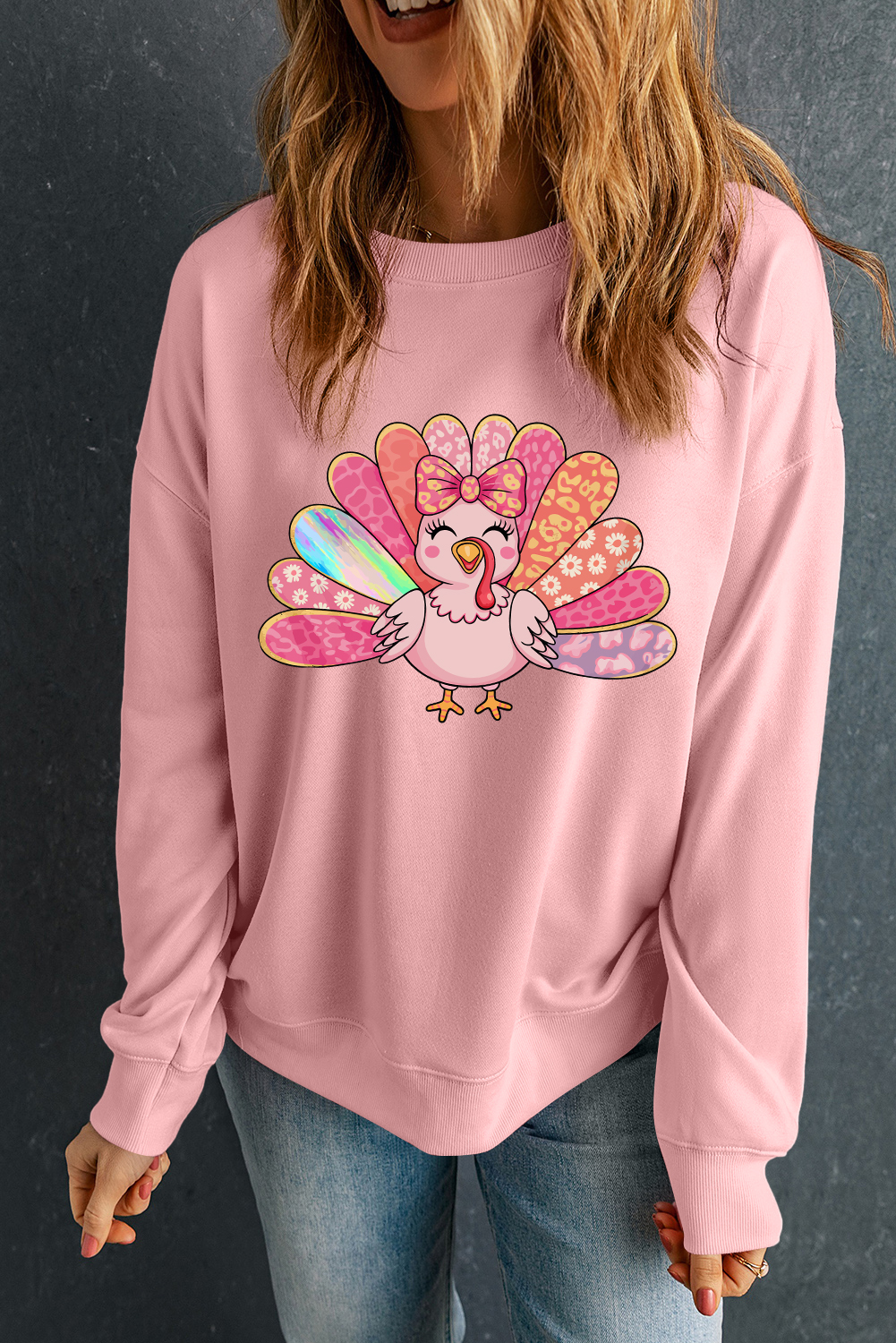 Pink Cute Thanksgiving Turkey Printed Drop Shoulder Sweatshirt - loveforevers