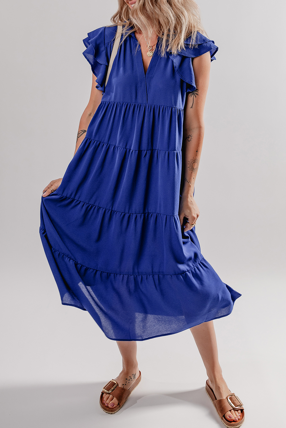 Bluing Ruffled Short Sleeve Collared V Neck Tiered Midi Dress - loveforevers