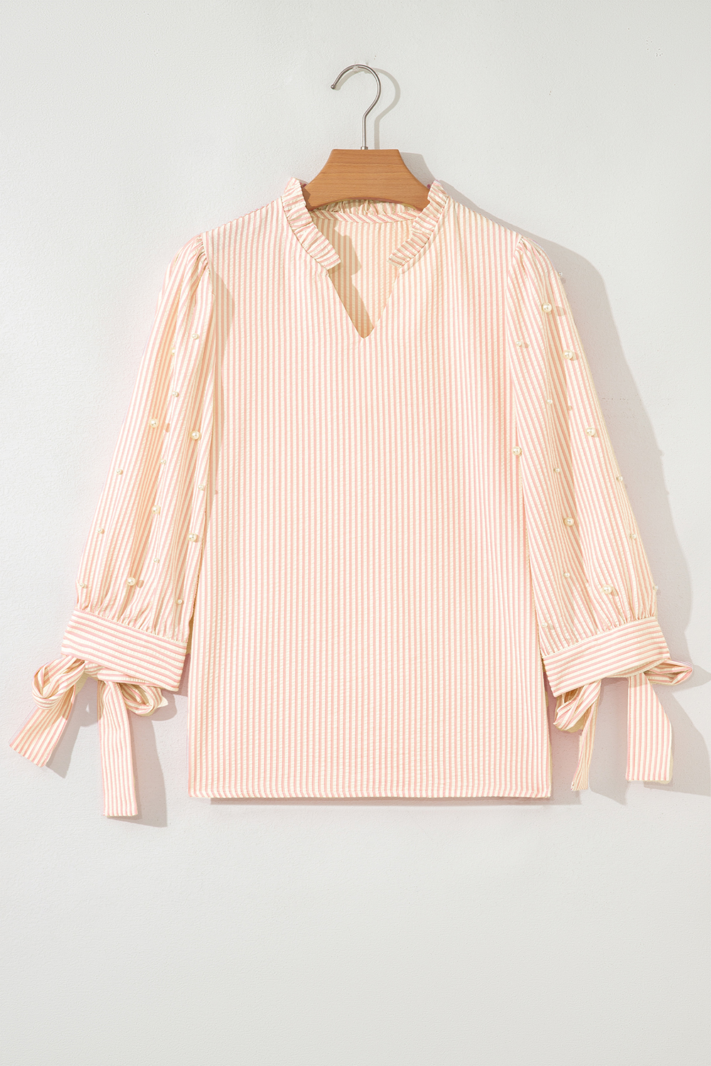 Pink Stripe Bow Knot Cuff Pearl Embellished Puff Sleeve V Neck Blouse - loveforevers