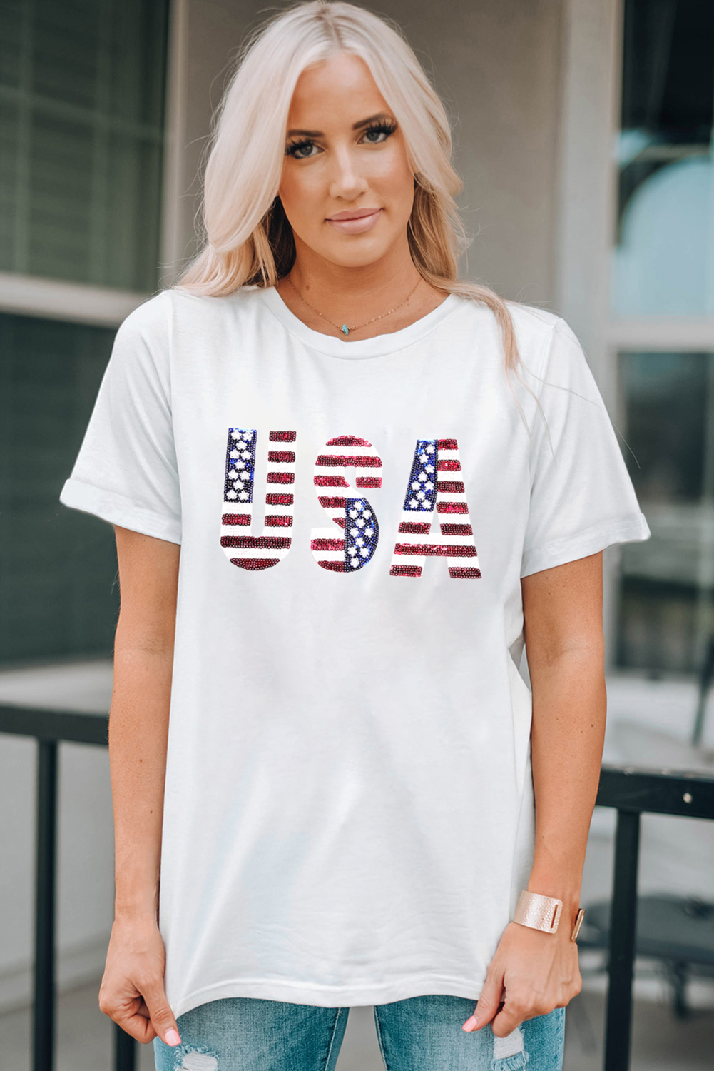 Gray Blooming USA Flag Print Casual T Shirt - loveforevers