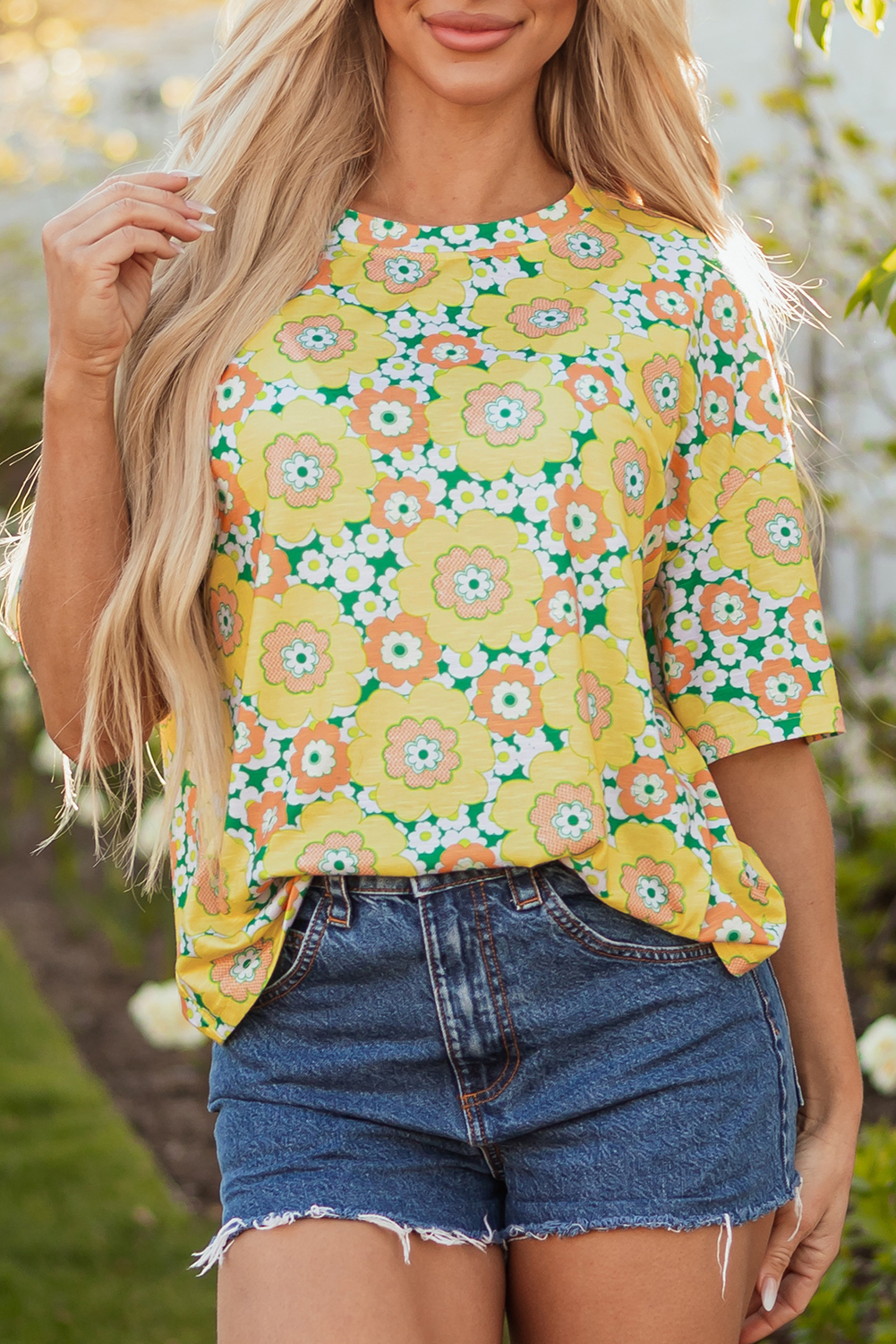Yellow Summer Flower Printed Drop Shoulder Loose T Shirt - loveforevers