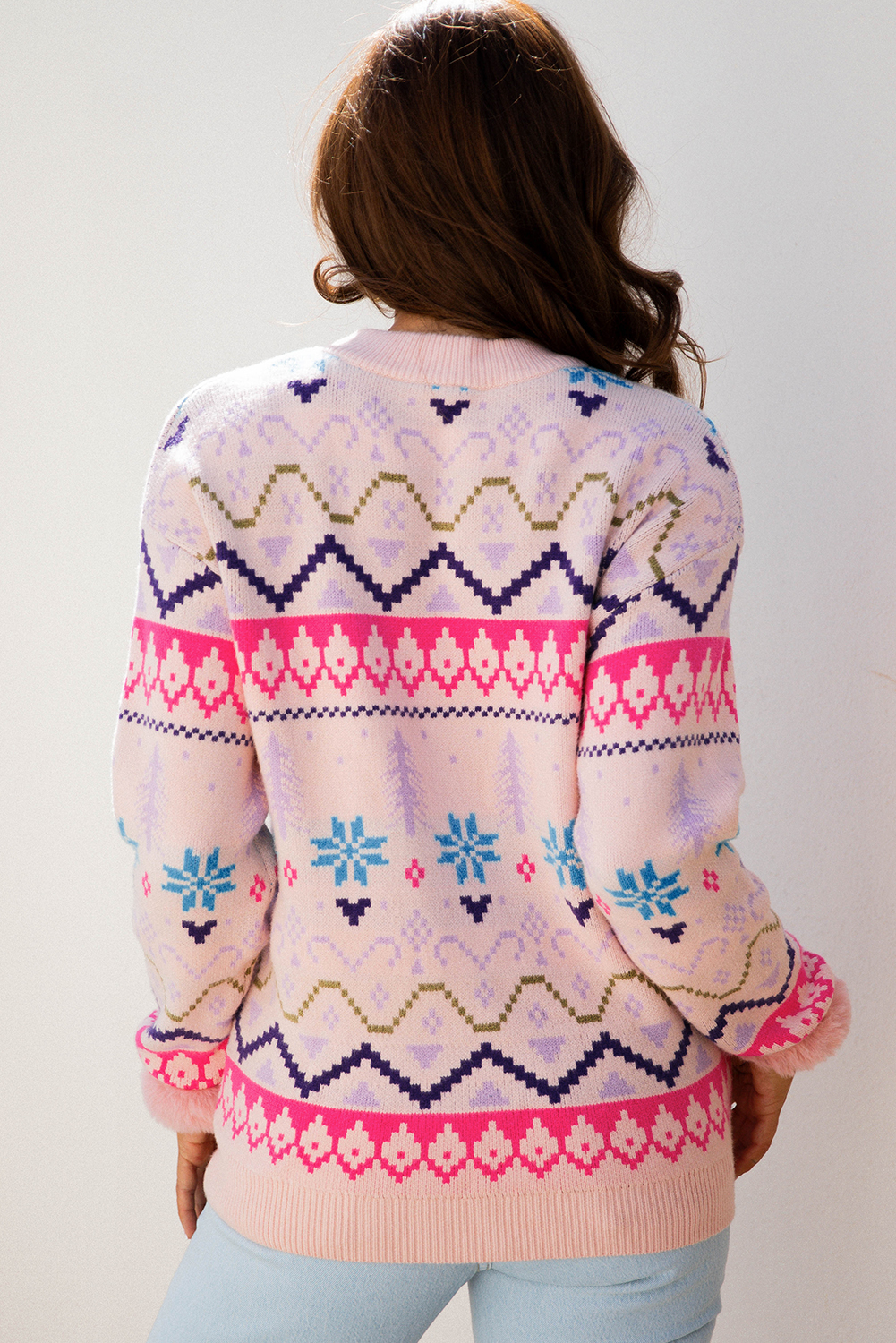 Multicolour Ethnic Christmas Pattern Knit Feather Cuffed Sweater - loveforevers