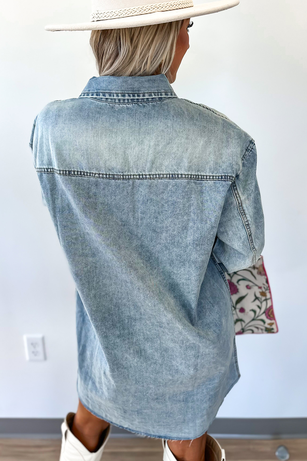 Blue Beau Chest Pocket Raw Hem Denim Loose Shirt Dress - loveforevers