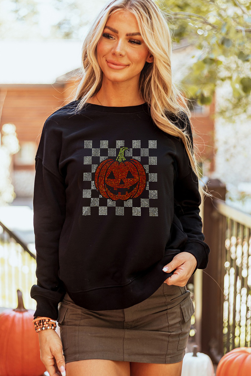 Black Rhinestone Jack-o-lantern Checkered Graphic Halloween Sweatshirt - loveforevers