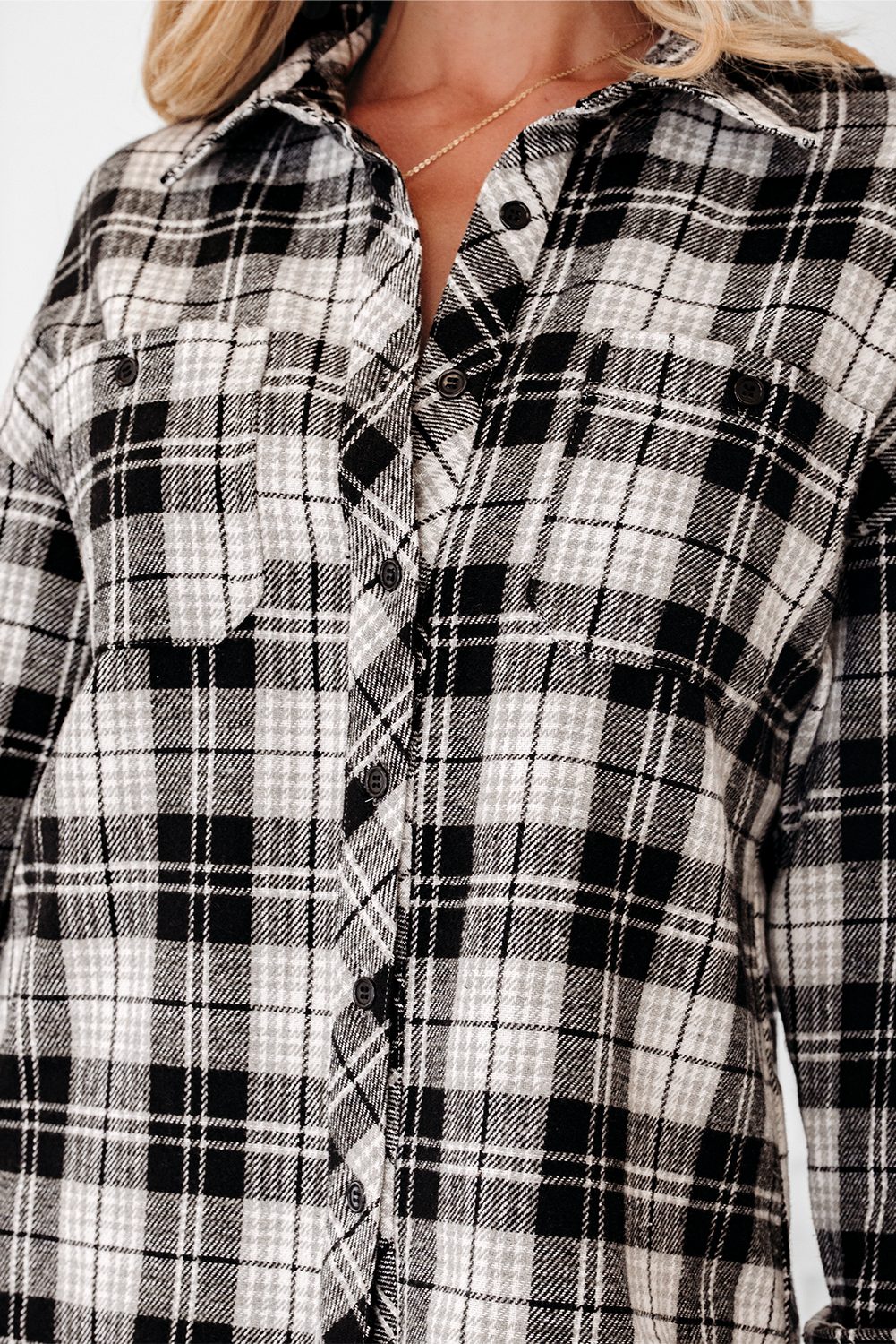 Black Plaid Print Chest Pockets Buttoned Shirt - loveforevers