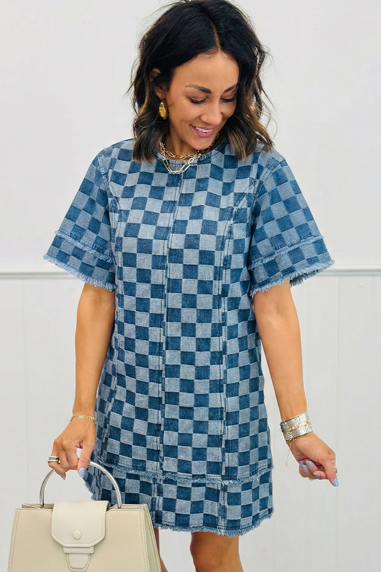 Sky Blue Frayed Hem Checkered Denim Mini Dress - loveforevers
