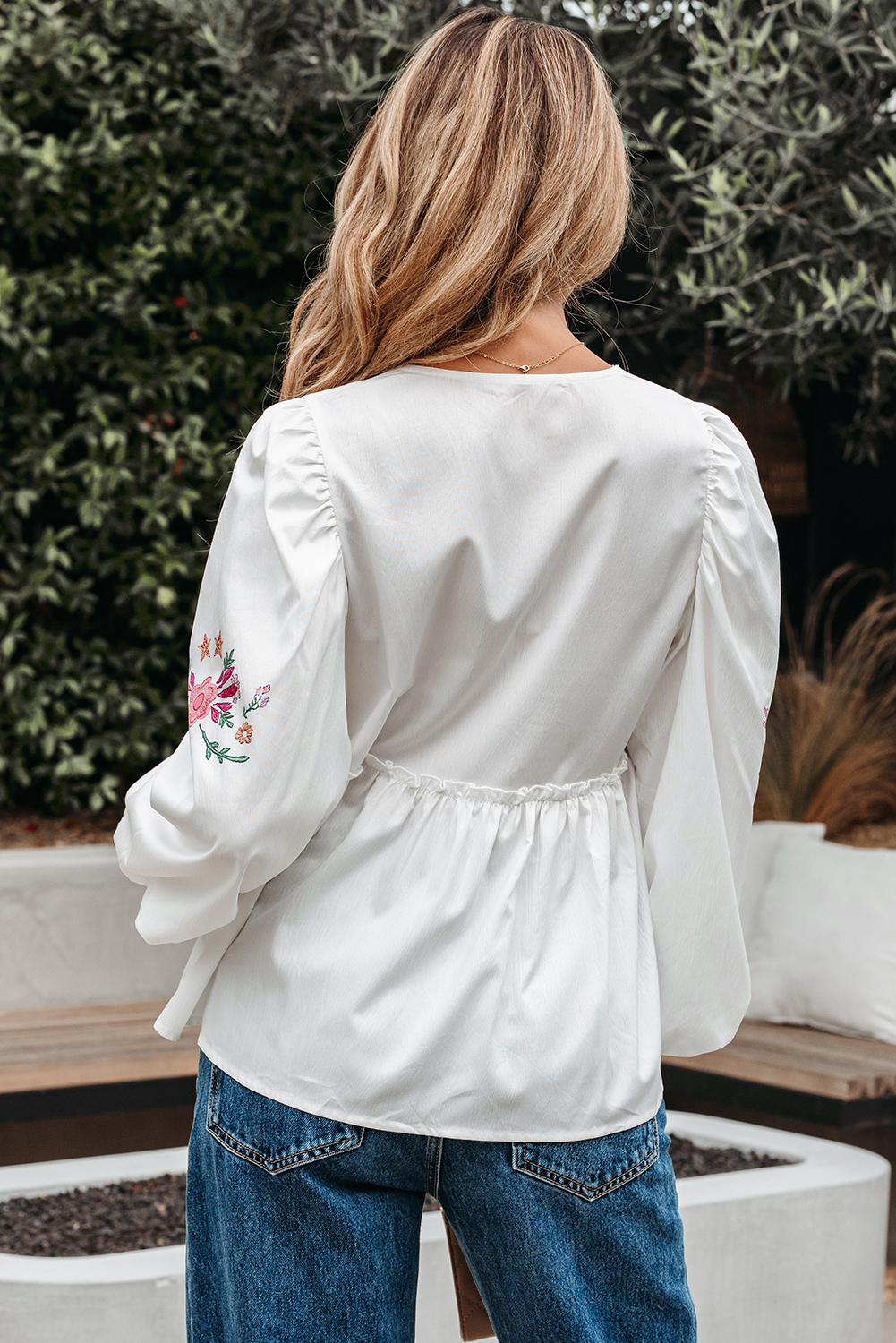 White Flower Print Lace-up V Neck Babydoll Blouse - loveforevers