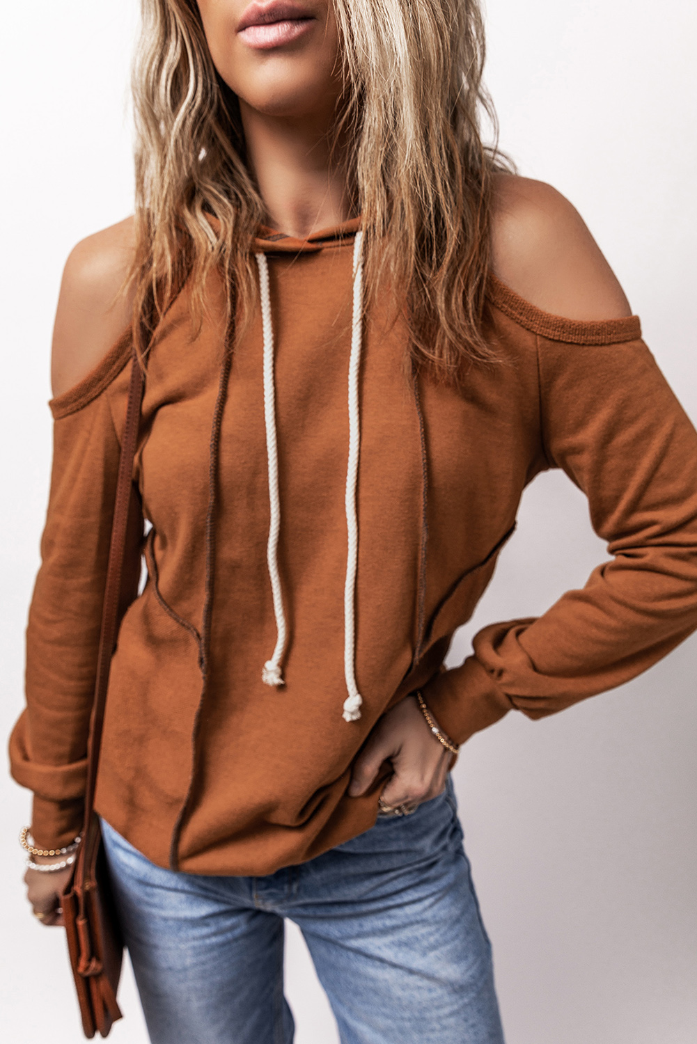 Cinnamon Exposed Seam Cold Shoulder Drawstring Hoodie - loveforevers