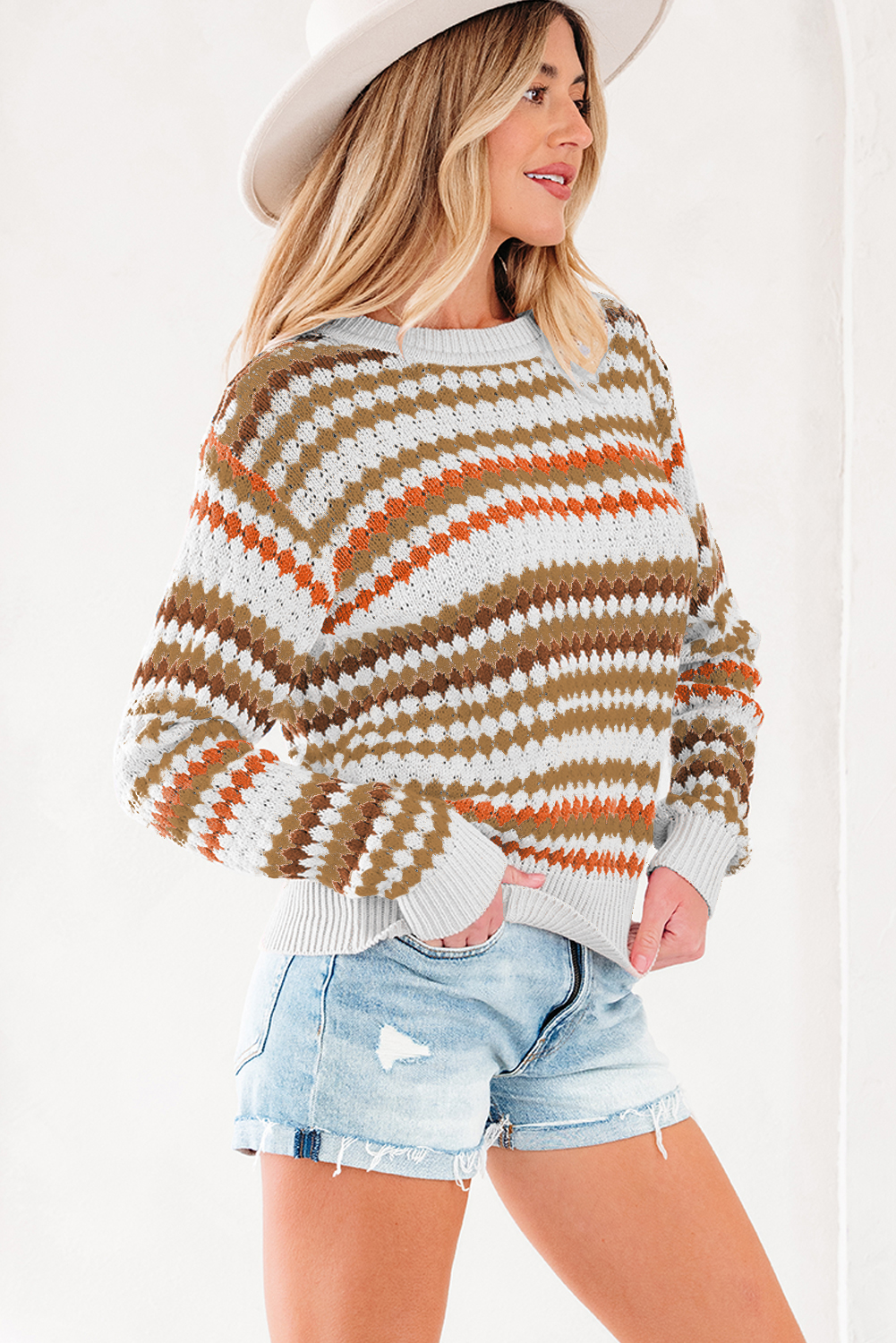 Brown Stripe Eyelet Patterned Drop Shoulder Sweater - loveforevers