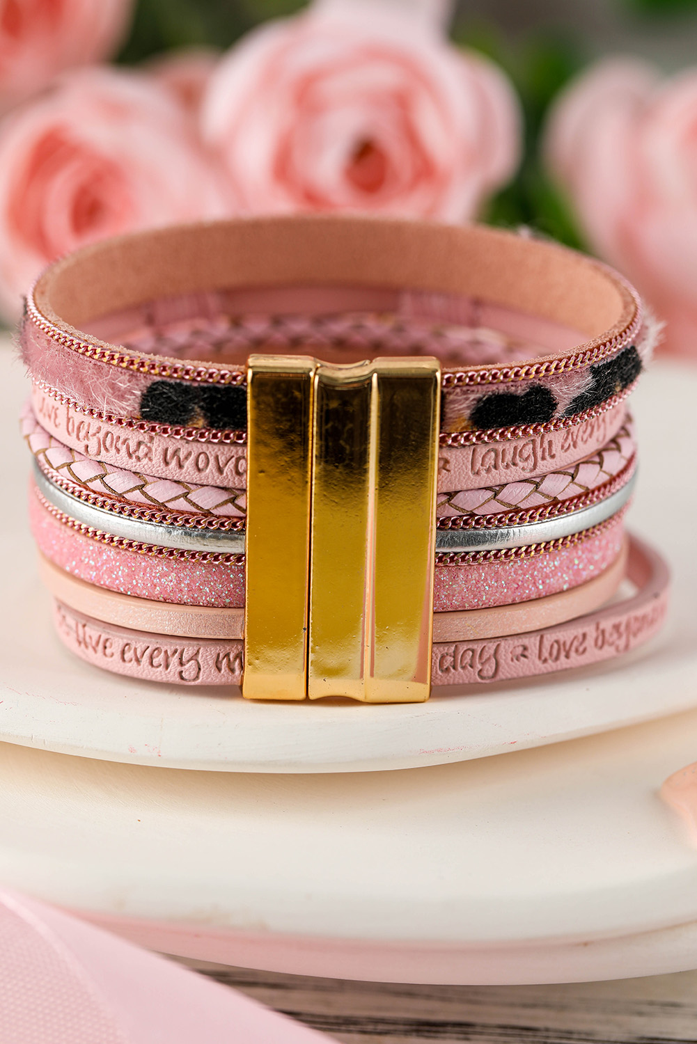 Pink Leopard Letter Print Heart Shaped Magnetic Buckle Bracelet - loveforevers