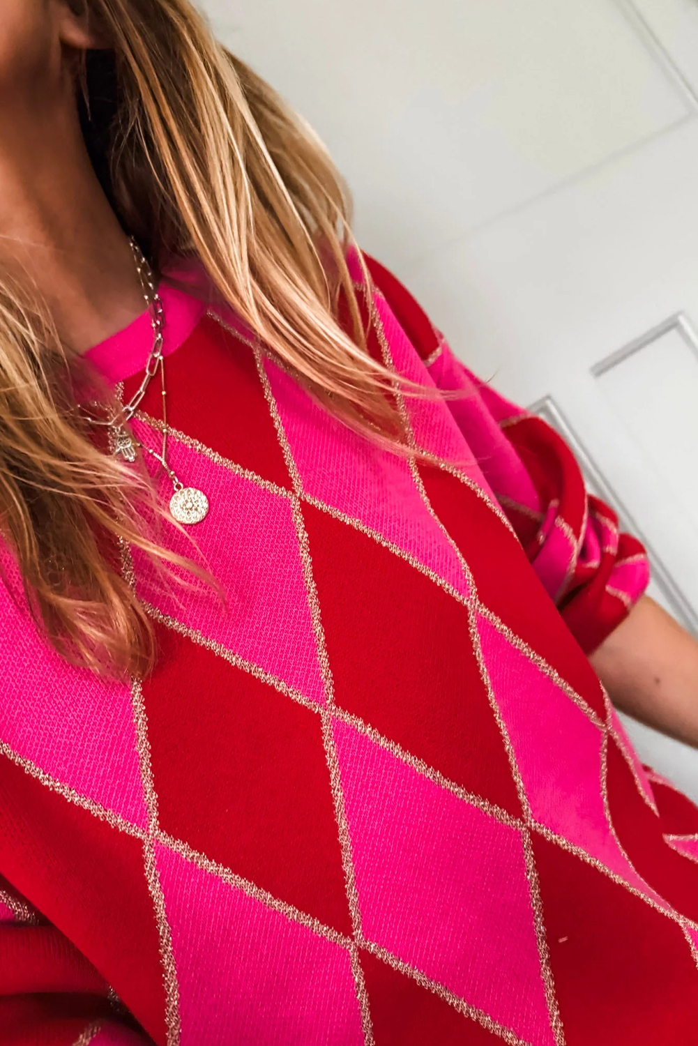 Rose Glitter Trim Rhombus Pattern Knit Sweater Vest - loveforevers