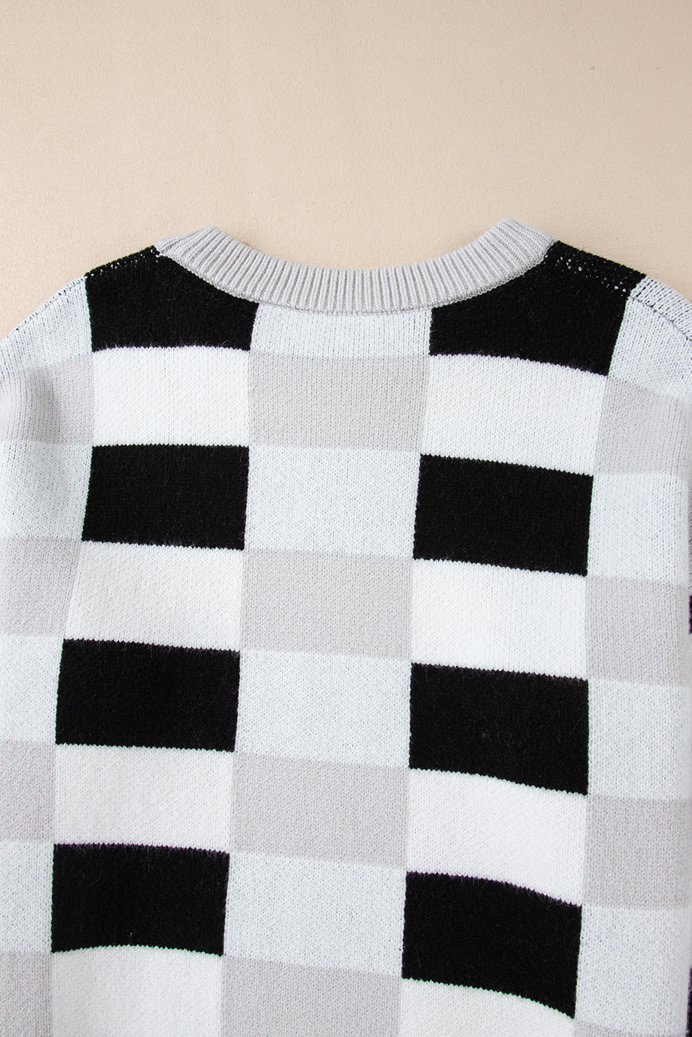 Khaki Checkered Ribbed Edge O Neck Drop Shoulder Sweater - loveforevers