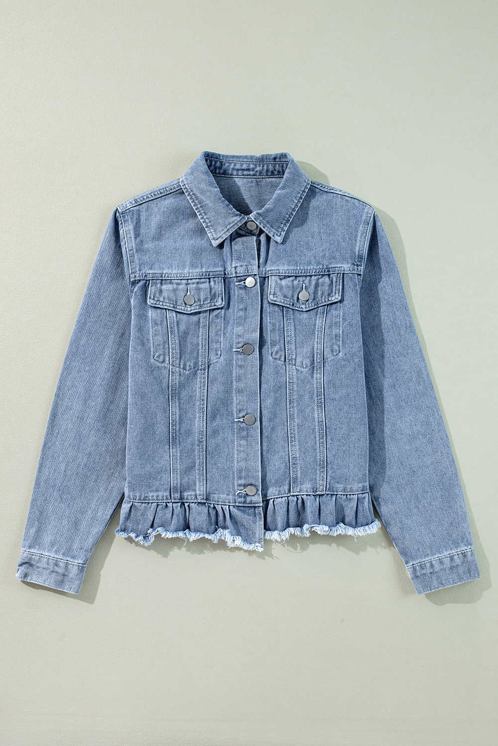Beau Blue Ruffle Raw Hem Flap Pockets Denim Jacket - loveforevers