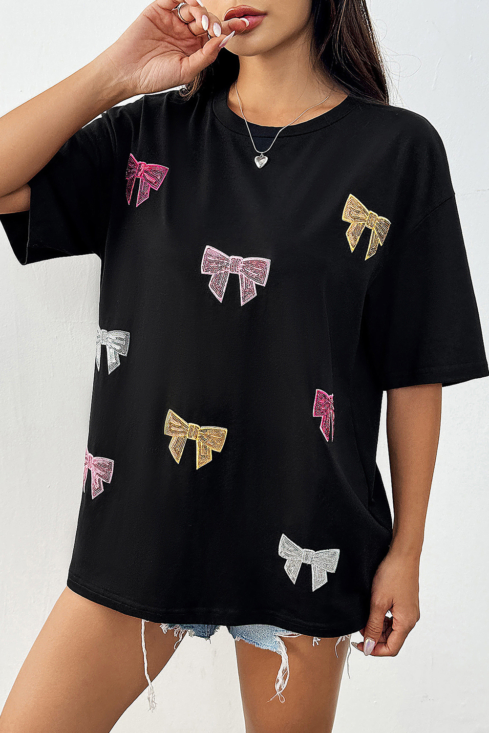 Black Shiny Bow Loose T Shirt - loveforevers