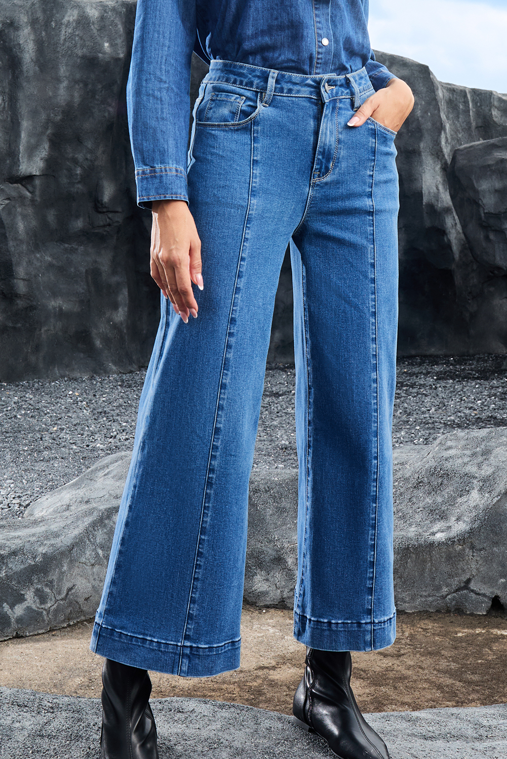 Black Plain Seam Detail Flared Bottom Ankle Length Jeans - loveforevers
